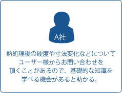 A社「熱処理後の硬度や寸法変化などについてユーザー様からお問い合わせを頂くことがあるので、基礎的な知識を学べる機会があると助かる。」